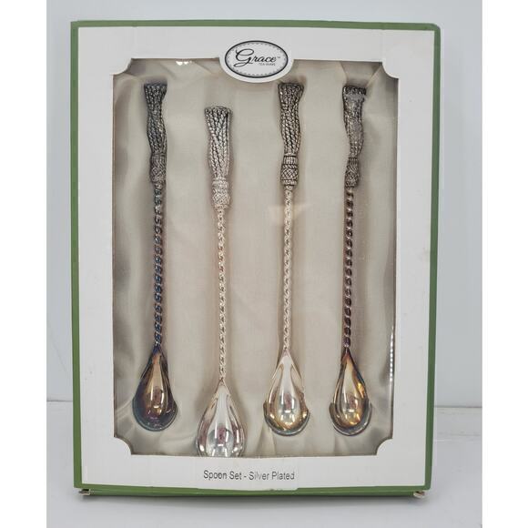 Grace‎ Tea Ware Silver Plate Tassel Twist Handle Iced Tea Spoons Set of Four - Picture 1 of 11
